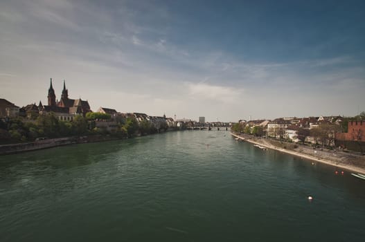 Beautiful architecture of Basel, Switzerland, at the River Rhine on a sunny day