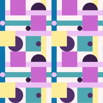 Hand drawn seamless pattern in abstract geometric style, purple blue turquoise yellow shapes squares lines circles. Mid century modern bauhaus print, 60s 70s poster wallpaper decor, colorful bright design in memphis ornament