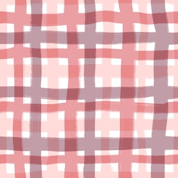 Hand drawn seamless pattern of plaid tartan checkered textile print in lilac mauve pink purple. Checks squares lines in abstract geometric modern colorful design. For wallpaper girl nursery decor textile