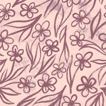 Hand drawn seamless pattern with purple mauve daisy flowers on pink background. Simple minimalist floral print in cartoon boho bohemian style, spring garden nature plant, romantic art