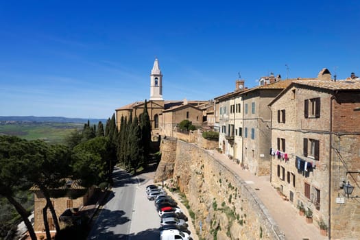 Aerial photographic documentation of the medieval village of Pienza Siena Italy 