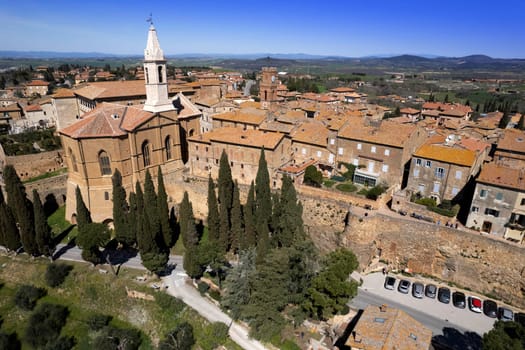 Aerial photographic documentation of the medieval village of Pienza Siena Italy 