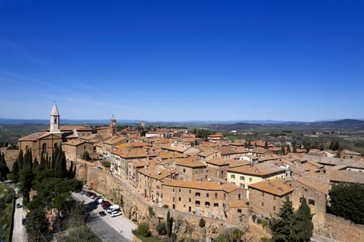 Aerial photographic documentation of the medieval village of Pienza Siena Italy 