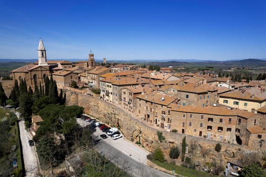 Aerial photographic documentation of the medieval village of Pienza Siena Italy 