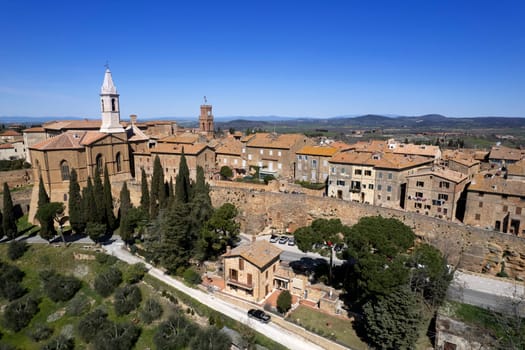 Aerial photographic documentation of the medieval village of Pienza Siena Italy 