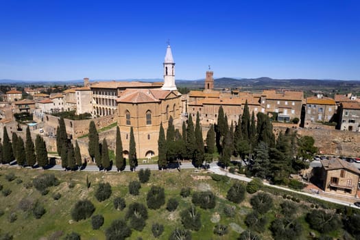 Aerial photographic documentation of the medieval village of Pienza Siena Italy 