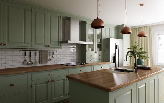 Green kitchen interior with island. Stylish kitchen with wooden worktops. Cozy olive kitchen with utensils and appliances. Close-up of a kitchen worktop. 3D visualization