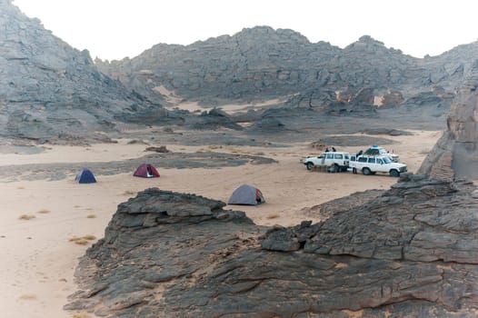 Camp tended in the Akakus, Sahara desert, Libya, Africa