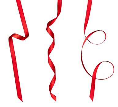 collection of various red ribbon pieces on white background. each one is shot separately