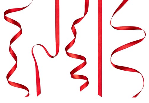 collection of various red ribbon pieces on white background. each one is shot separately