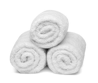 close up of a stack of white towels bathroom on white background