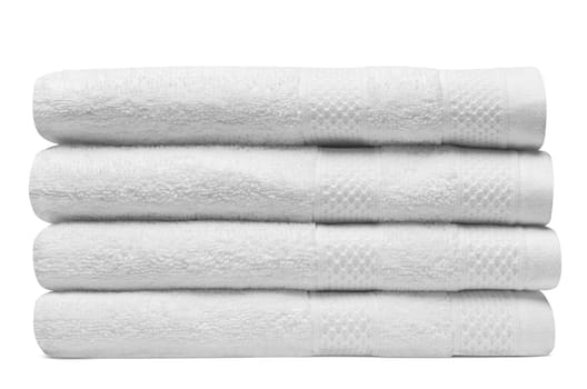 close up of a stack of white towels bathroom on white background