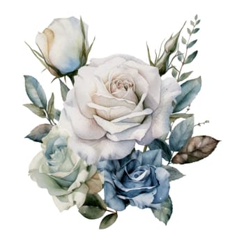 Blue Pastel Rose Flower Bouquet Watercolor Illustration - Mother Watercolor Clipart. Design element for mother's day, decoration, planner sticker, sublimation and more.