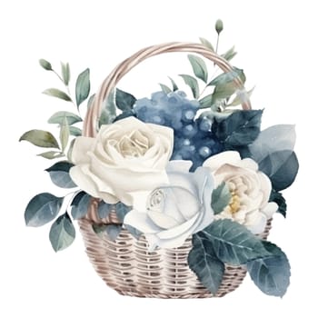 White and Blue Roses Flower Basket Watercolor Illustration - Mother Watercolor Clipart. Design element for mother's day, decoration, planner sticker, sublimation and more.