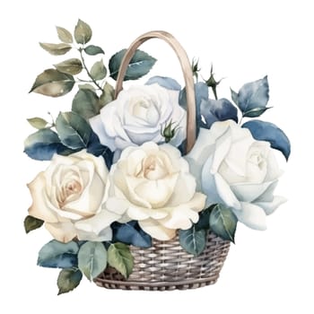 White and Blue Roses Flower Basket Watercolor Illustration - Mother Watercolor Clipart. Design element for mother's day, decoration, planner sticker, sublimation and more.