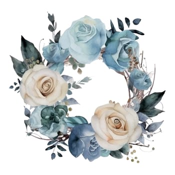 White and Blue Roses Wreath Watercolor Illustration - Mother Watercolor Clipart. Design element for mother's day, decoration, planner sticker, sublimation and more.