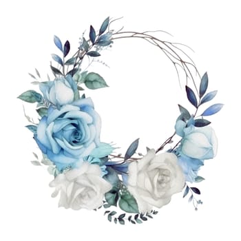 White and Blue Roses Wreath Watercolor Illustration - Mother Watercolor Clipart. Design element for mother's day, decoration, planner sticker, sublimation and more.