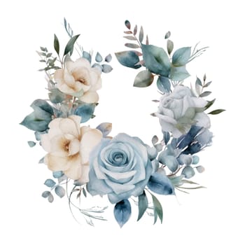 White and Blue Roses Wreath Watercolor Illustration - Mother Watercolor Clipart. Design element for mother's day, decoration, planner sticker, sublimation and more.