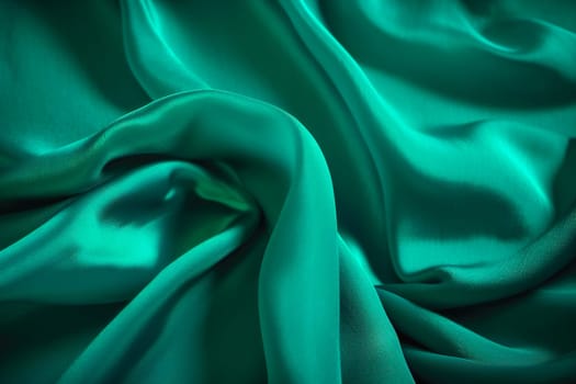 Texture of green silk fabric. Beautiful emerald green soft silk fabric background.