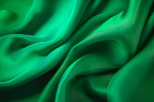 Texture of green silk fabric. Beautiful emerald green soft silk fabric background.