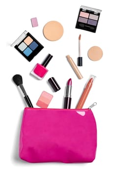 close up of a vanity case full of make up on white background