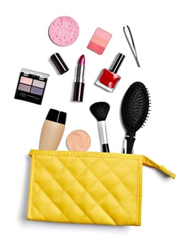 close up of a vanity case full of make up on white background