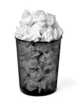 close up of a paper ball trash bin rubbish on white background