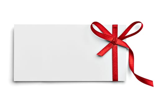 close up of a note card with red ribbon bow on white background