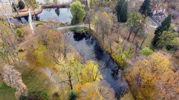 Beautiful view people walking on ground paths near lakes in park with trees with yellow fallen leaves on autumn day. Flying over walking people, ponds, trees with yellow foliage. Aerial drone view.