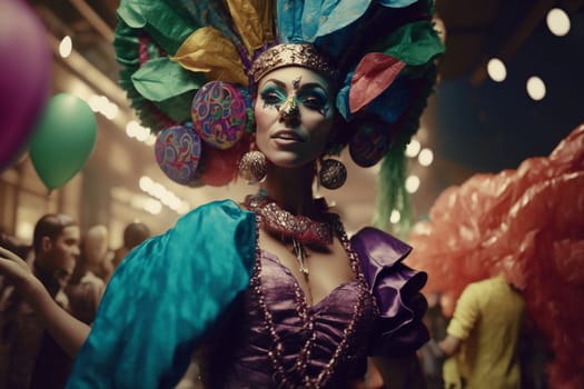 Carnival party festival mask. Colourful mardi gras beads, confetti, feathers. Popular Event in Brazil. Festive Mood.entertainment luxury . Generative AI