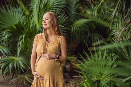 Pregnant woman walks in park at evening. Family enjoying pregnancy. The concept of Mother's Day and Women's Day.