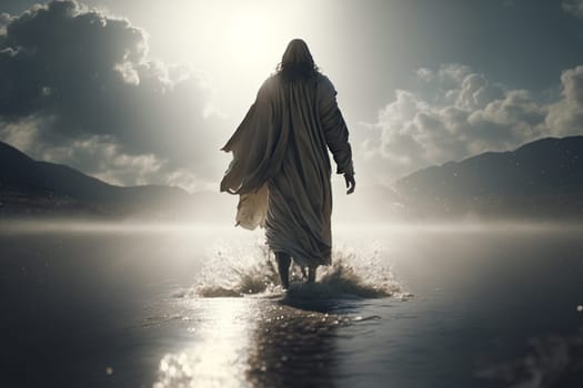 Jesus Christ walks on water. Religious concept . Bible. Faith. Drawing with paints. Painting.