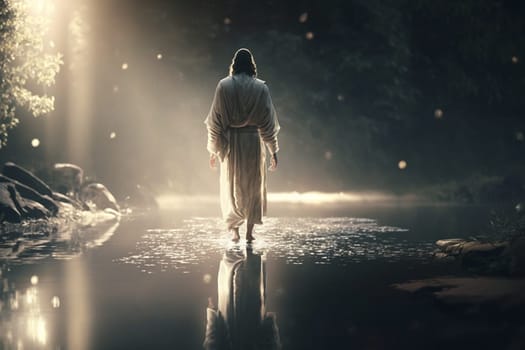 Jesus Christ walks on water. Religious concept . Bible. Faith. Drawing with paints. Painting.