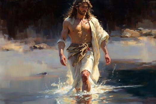 Jesus Christ walks on water. Religious concept . Bible. Faith. Drawing with paints. Painting.