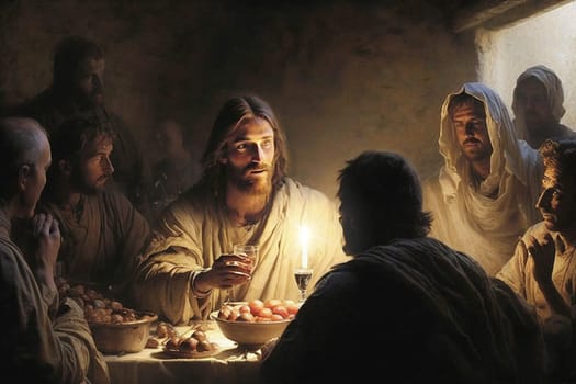 The Last Supper. The religious concept of the assembly of Jesus Christ with the 12 apostles. Bible. Faith. Drawing with paints. Painting.