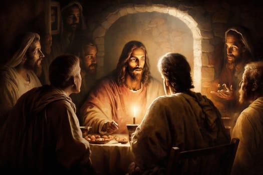 The Last Supper. The religious concept of the assembly of Jesus Christ with the 12 apostles. Bible. Faith. Drawing with paints. Painting.