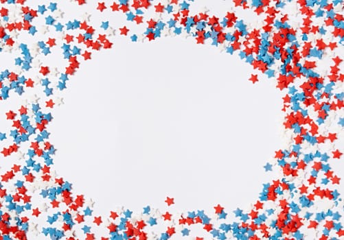 4th of July American Independence Day sprinkles decorations frame on white background, mockup