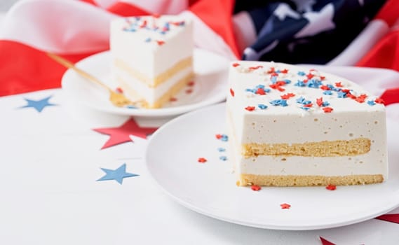 Fourth of july celebration. Sweet cake with usa flag colored sprinkles and stars , flag background