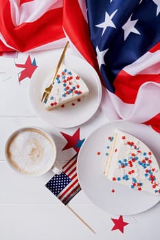 Fourth of july celebration. Sweet cake with usa flag colored sprinkles and stars , flag background top view flat lay