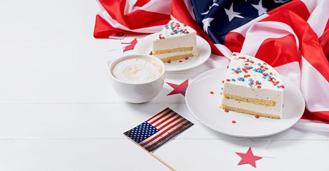 Fourth of july celebration. Sweet cake with usa flag colored sprinkles and stars , flag background