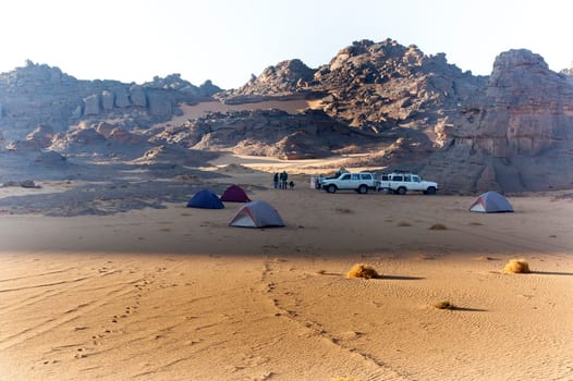 Camp tended in the Akakus, Sahara desert, Libya, Africa