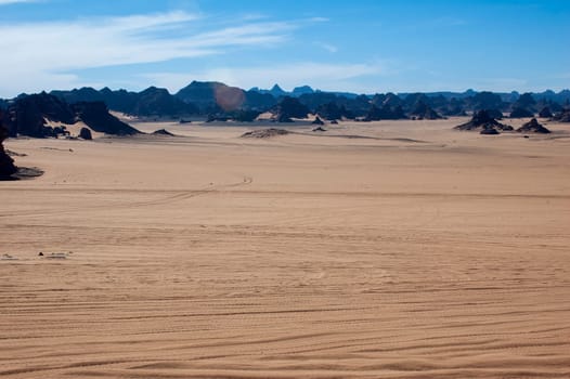 Sandstone rock formations in Akakus (Acacus), Sahara Desert, Libya.