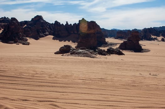 Sandstone rock formations in Akakus (Acacus), Sahara Desert, Libya.