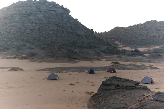 Camp tended in the Akakus, Sahara desert, Libya, Africa