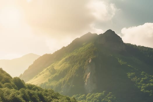 Beautiful sunrise over the green mountains in morning light with fluffy clouds on a bright blue sky. Nature freshness concept.