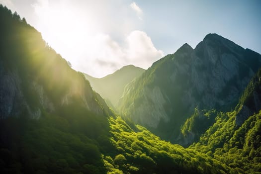 Beautiful sunrise over the green mountains in morning light with fluffy clouds on a bright blue sky. Nature freshness concept.