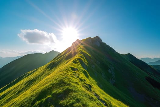 Beautiful sunrise over the green mountains in morning light with fluffy clouds on a bright blue sky. Nature freshness concept.