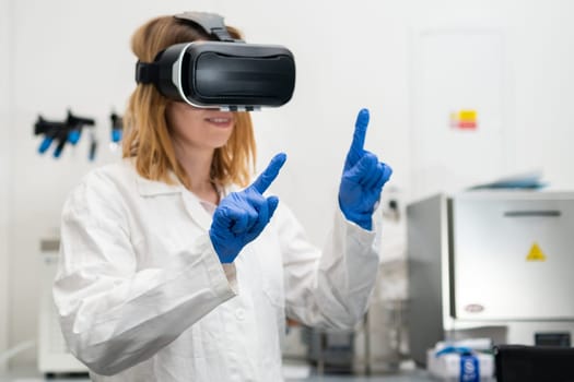 Scientist in VR googles, lab coat and rubber gloves manages the virtual interface. Digital technology NFT game and entertainment