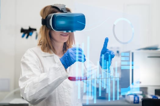 Scientist wearing VR goggles, lab coat, holding flask analyse data in Metaverse digital cyberspace with virtual reality. NFT technology of future entertainment.