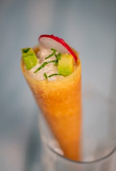 Brick cone with tuna sauce, mayonnaise, avocado and radish slice, High quality photo